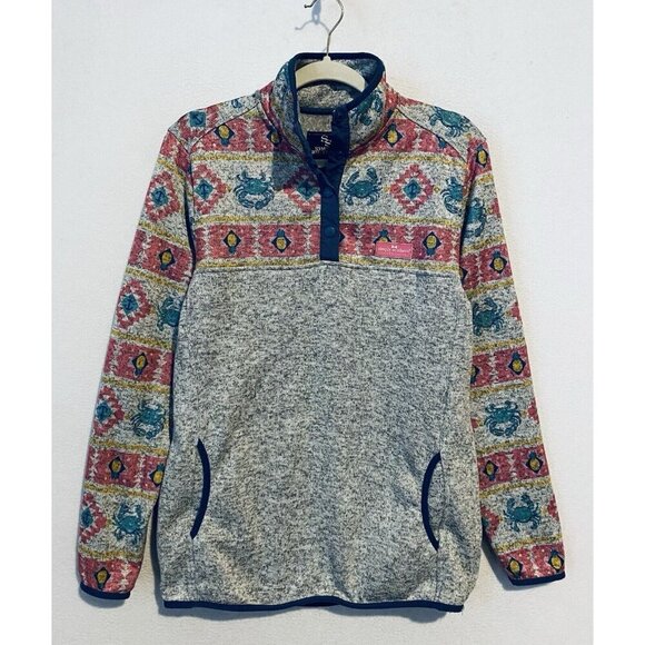 Simply Southern Sweater Womens Large Gray 1/4 Snap Pullover Crab Southwestern - Picture 1 of 7